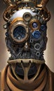 Steampunk robot, futuristic scenery, generative ai illustration, these depiction is fictitious and generated