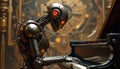 Steampunk robot plays piano keys with mechanical hands. Futuristic android creates music composition. Advanced AI machine Royalty Free Stock Photo