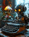 Steampunk robot typing on a vintage typewriter