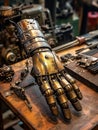 Steampunk robotic hand on a workbench