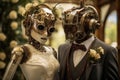 Steampunk robots couple cyborg. Generate Ai