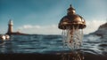 A steampunk scene of a metal jelly fish floating in the ocean, with a light Royalty Free Stock Photo