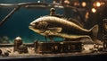 A steampunk scene of a metal mahi-mahi fish swimming in the ocean, with a shipwreck