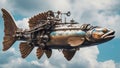 _A steampunk scene of a metal rainbow trout fish flying in the sky, with wings, propellers, Royalty Free Stock Photo