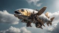 _A steampunk scene of a metal rainbow trout fish flying in the sky, with wings, propellers, Royalty Free Stock Photo