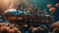 A steampunk scene of a submarine exploring a coral reef, with metal fish and gears swimming around