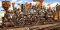 steampunk science fiction railroad train tracks locomotive rails trains gears metal illustration Royalty Free Stock Photo