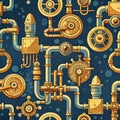Steampunk seamless pattern with pipes and gears, AI generated. Royalty Free Stock Photo
