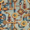 Steampunk seamless pattern with pipes and gears, AI generated. Royalty Free Stock Photo