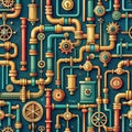 Steampunk seamless pattern with pipes and gears, AI generated. Royalty Free Stock Photo