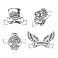 Steampunk set isolated emblems with mechanical wings heart sketch style images ribbons with text Royalty Free Stock Photo