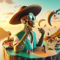 steampunk skater fashionable cool deejay alien mariachi hosting party in tropical island at sunset