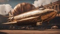 A steampunk space shuttle launching from a giant airship. The shuttle is made of brass, Royalty Free Stock Photo