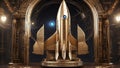 _A steampunk space shuttle launching from a mystical portal. The shuttle is made of silver, gold Royalty Free Stock Photo