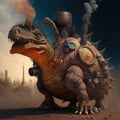 Steampunk stegosaur dinosaur with erupting volcano, generative AI Royalty Free Stock Photo