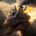 Steampunk stegosaur dinosaur with erupting volcano, generative AI