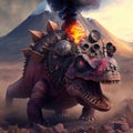 Steampunk stegosaur dinosaur with erupting volcano, generative AI