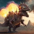 Steampunk stegosaur dinosaur with erupting volcano, generative AI