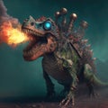 Steampunk stegosaur dinosaur with erupting volcano, generative AI