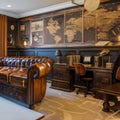 Steampunk Study: A study room designed in a steampunk style, featuring exposed gears, leather armchairs, and vintage map wallpap Royalty Free Stock Photo