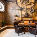 Steampunk Study: A study room designed in a steampunk style, featuring exposed gears, leather armchairs, and vintage map wallpap Royalty Free Stock Photo