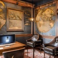 Steampunk Study: A study room designed in a steampunk style, featuring exposed gears, leather armchairs, and vintage map wallpap Royalty Free Stock Photo