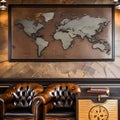 Steampunk Study: A study room designed in a steampunk style, featuring exposed gears, leather armchairs, and vintage map wallpap Royalty Free Stock Photo