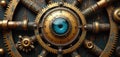 Steampunk style artwork features brass gears with a central eye. Mechanical illustration depicts clockwork, iris, time concept. Royalty Free Stock Photo