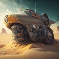 Steampunk-style Car, Abandoned and Rusting in a Vast Sand Desert, Surrounded by Dunes and a Bleak Landscape