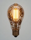 Steampunk style light bulb, intricate gears inside, glowing filament