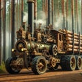 A steampunk-style log truck, known as a \'forest hauler,\' driving through a pine forest. The truck is intricately