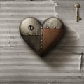 Metal patched heart with key on old paper background Royalty Free Stock Photo