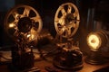 Steampunk style movie gear in victorian inetrior. Generative AI