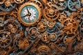 Steampunk style old and rusty gear wheels and clocks background with copy space