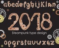 2018 in the Steampunk style. Outline Latin alphabet typeface and numbers in hand drawn style on black background, Royalty Free Stock Photo