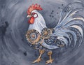 A steampunk-style rooster, standing against a smooth, slate gray background. The rooster features intricate mechanical components
