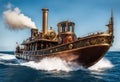 a steampunk-style steam-powered boat navigating the high seas.