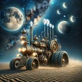 Steampunk-style tractor driving through a desert at night under a sky featuring multiple moons and galaxies