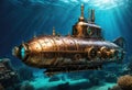 a steampunk submarine exploring the ocean depths.