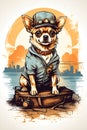 Steampunk Sunset Serenity Vintage Retro Distressed Design Featuring a Cute Chihuahua in Cartoon Royalty Free Stock Photo