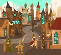 Steampunk technology characters in fairytale town with old european architecture houses, fantasy castles history of
