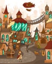 Steampunk technology city characters in fairytale town with old european architecture houses, fantasy castles history of