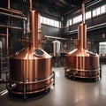 A steampunk-themed brewery with copper brewing equipment, gears as decor, and industrial-style seating3