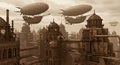 A steampunk-themed cityscape features ornate buildings with domed roofs and
