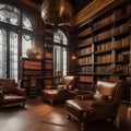 A steampunk-themed library lined with brass bookshelves, leather armchairs, and antique globes4