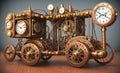 Steampunk time machine fantastic vehicle, retro technology illustration. Generative Ai