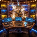 Steampunk time machine interior with large clock and control panels glowing with blue light Royalty Free Stock Photo