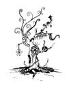 Steampunk tree - ink vector greeting card abstract. Pipes, smoke, pollution, gears, industry, robotic, machinery, dead. Royalty Free Stock Photo