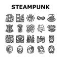 steampunk vintage metal steam icons set vector