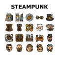 steampunk vintage metal steam icons set vector